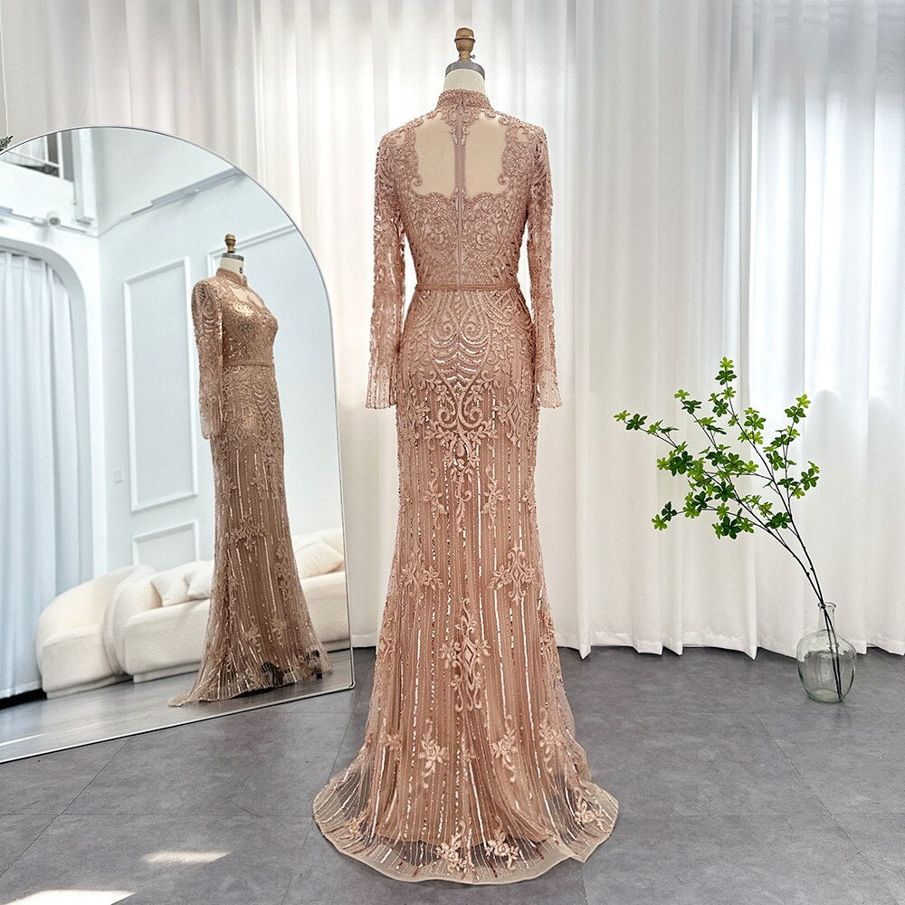 Dreamy Vow Luxury Rose Gold Muslim Dubai Evening Dresses Long Sleeves 2023 Emerald Green Silver Gray Wedding Party Gowns 153