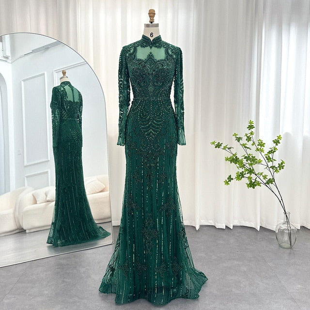 Dreamy Vow Luxury Rose Gold Muslim Dubai Evening Dresses Long Sleeves 2023 Emerald Green Silver Gray Wedding Party Gowns 153