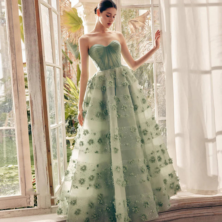 Dreamy Vow Luxury Sage Green 3D Flowers Dubai Evening Dress with Cape Elegant Swetheart Arabic Women Wedding Party Gowns SS346-DreamyVow