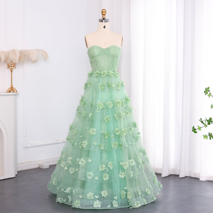 Dreamy Vow Luxury Sage Green 3D Flowers Dubai Evening Dress with Cape Elegant Swetheart Arabic Women Wedding Party Gowns SS346