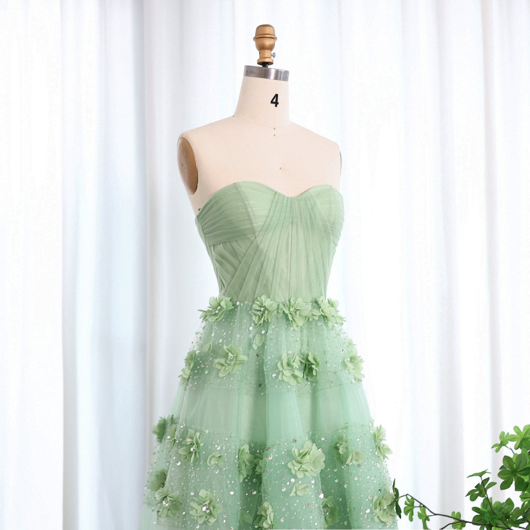 Dreamy Vow Luxury Sage Green 3D Flowers Dubai Evening Dress with Cape Elegant Swetheart Arabic Women Wedding Party Gowns SS346