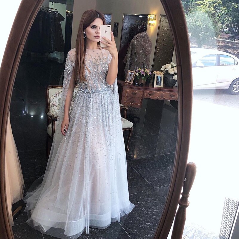 Dreamy Vow Luxury Silver Beaded Dubai Evening Dresses with Cape Sleeves Arabic Long Formal Party Dress for Women Wedding 074