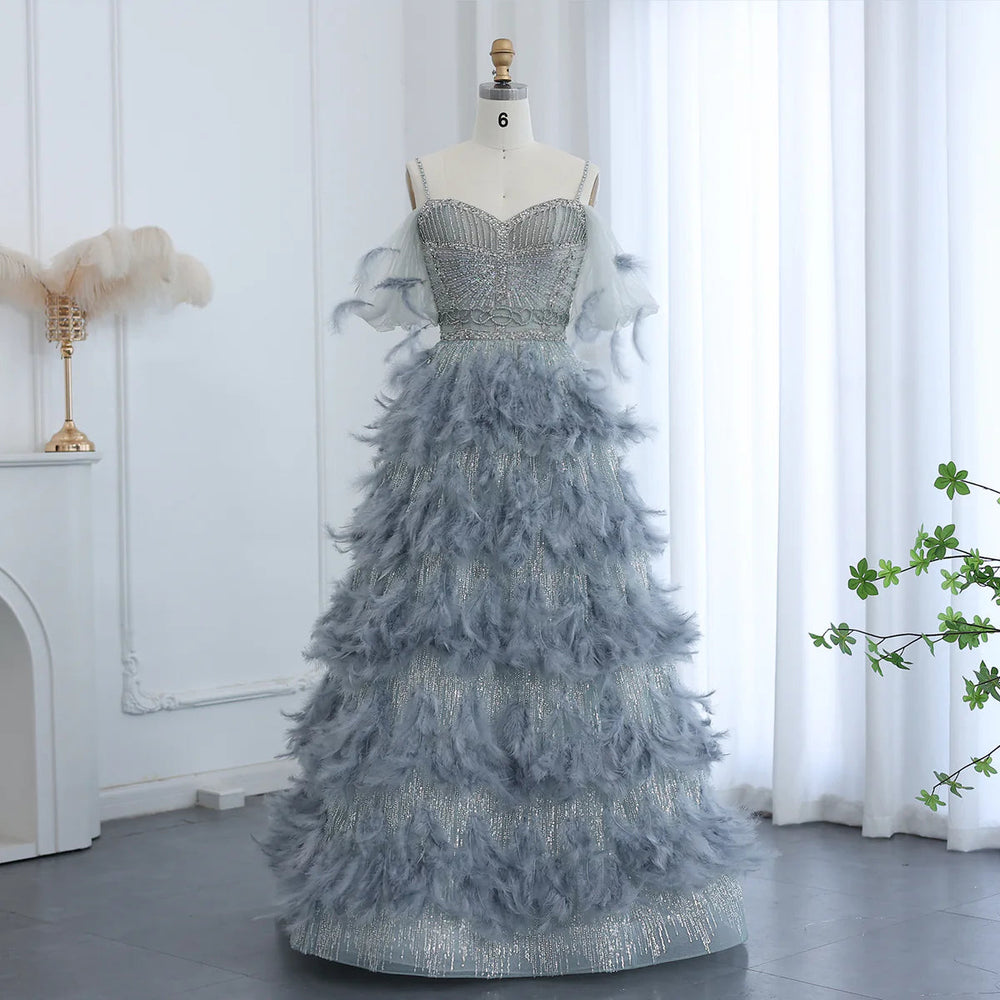 Dreamy Vow Luxury Silver Gray Crystal Feathers Dbai Evening Dress for Women Wedding Engagement Party Gowns SS530-DreamyVow