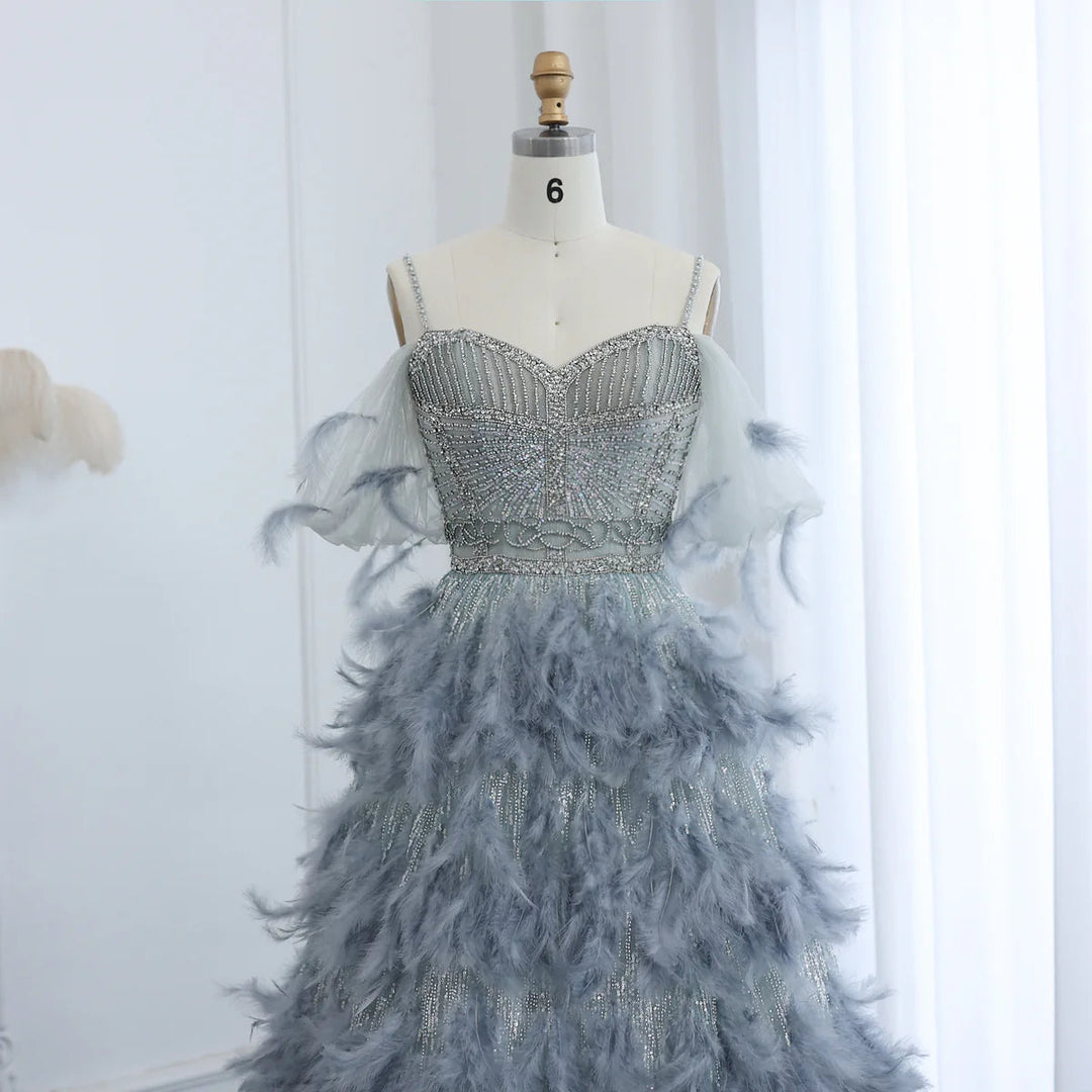 Dreamy Vow Luxury Silver Gray Crystal Feathers Dbai Evening Dress for Women Wedding Engagement Party Gowns SS530-DreamyVow