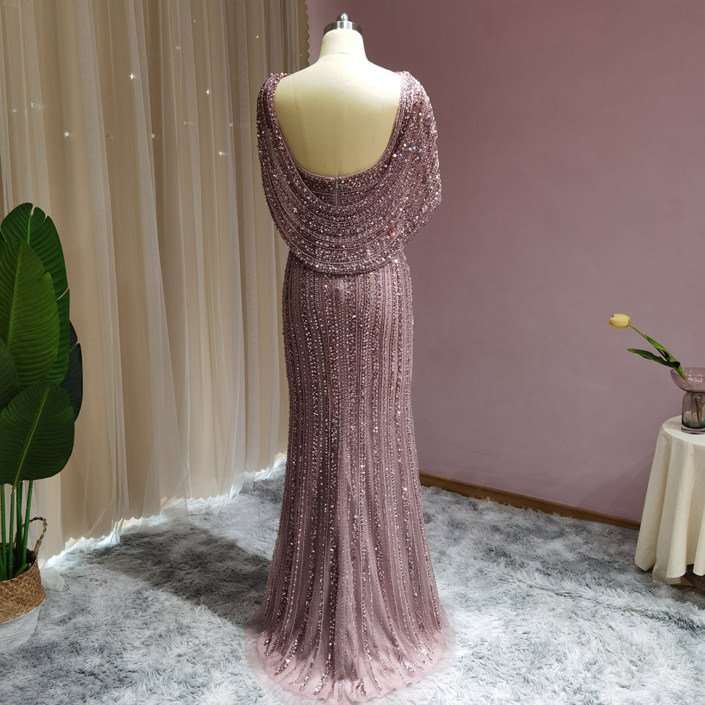 Dreamy Vow Luxury Silver Mermaid Dubai Evening Dress with Cape Heavy Beaded Slit Prom Dresses for Women Wedding Party 035