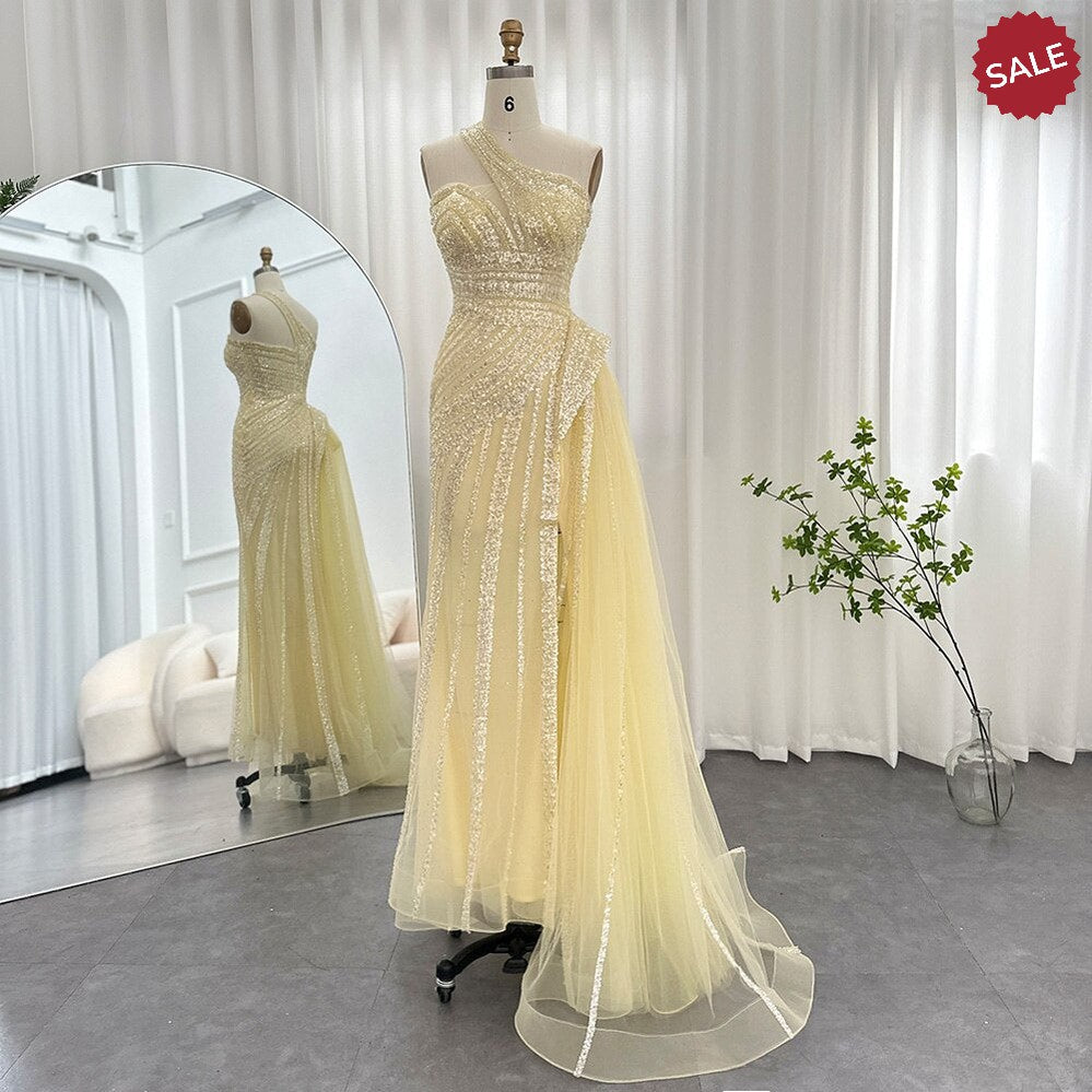 Dreamy Vow Luxury Yellow One Shoulder Mermaid Evening Dresses for Woman Wedding Party High Split Prom Formal Gowns 325