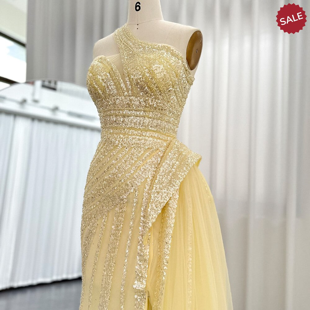 Dreamy Vow Luxury Yellow One Shoulder Mermaid Evening Dresses for Woman Wedding Party High Split Prom Formal Gowns 325