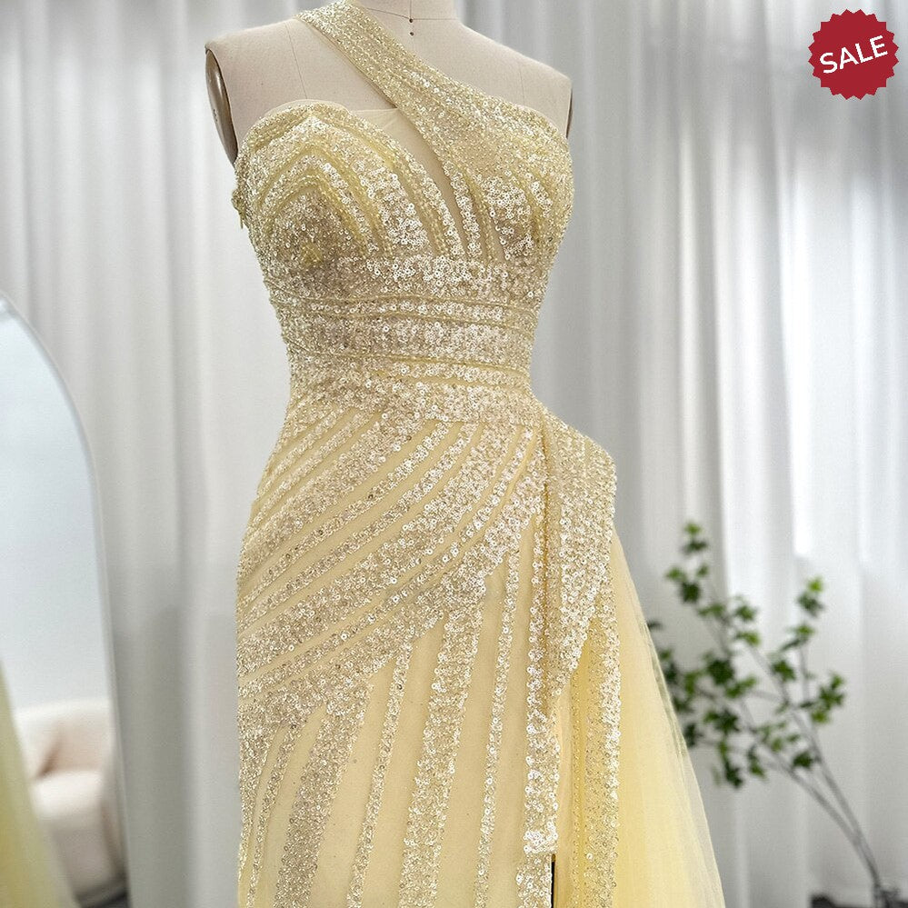 Dreamy Vow Luxury Yellow One Shoulder Mermaid Evening Dresses for Woman Wedding Party High Split Prom Formal Gowns 325