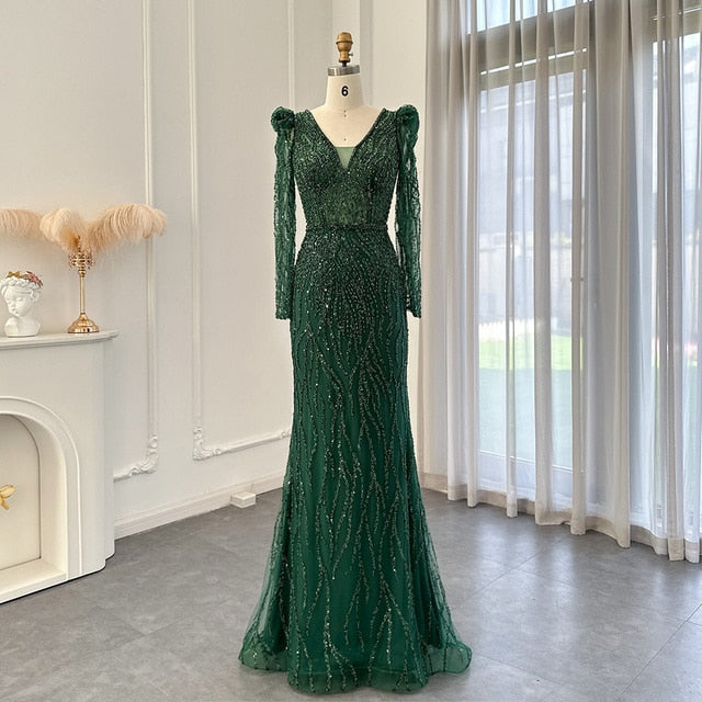 Dreamy Vow Navy Blue Mermaid Evening Dress for Women Wedding Elegant Emerald Green Long Sleeves Arabic Formal Party Gowns 099