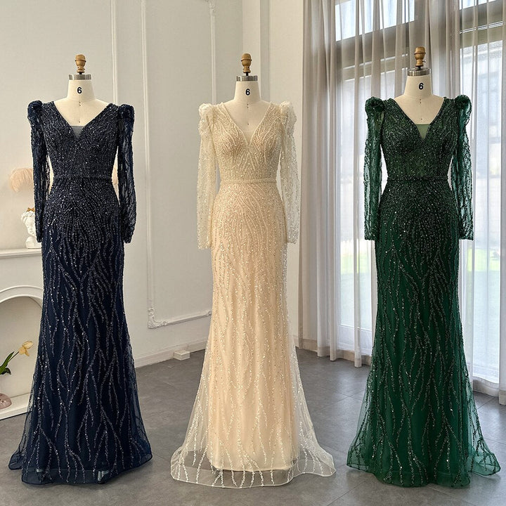 Dreamy Vow Navy Blue Mermaid Evening Dress for Women Wedding Elegant Emerald Green Long Sleeves Arabic Formal Party Gowns 099