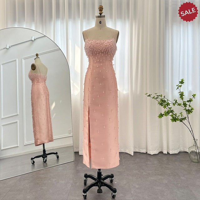 Dreamy Vow Navy Blue Spaghetti Straps Midi Evening Dress 2023 Luxury Dubai Beige Pink Arabic Women Wedding Party Gown 315