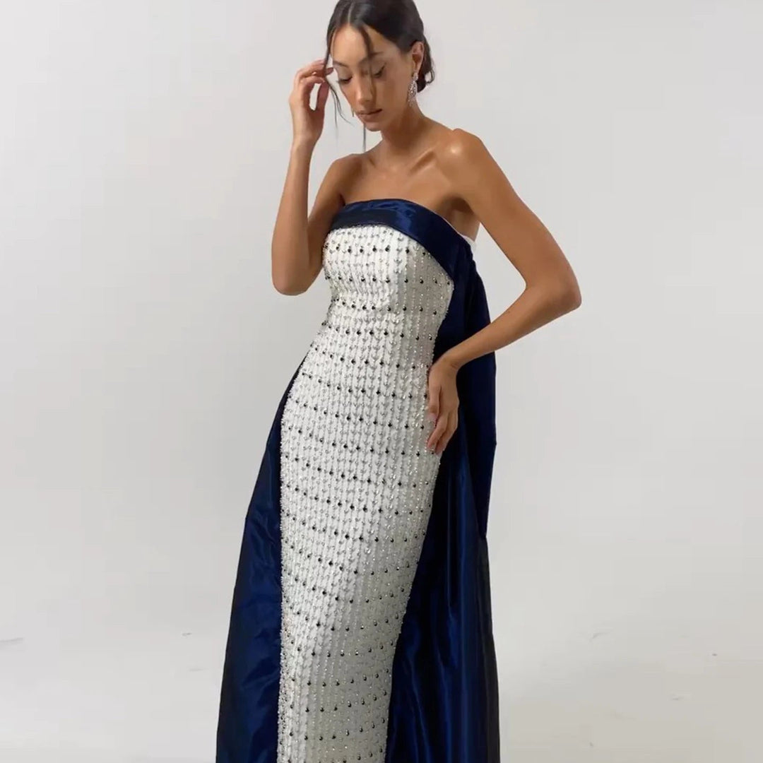 Dreamy Vow Navy Blue White Strapless Luxury Dubai Evening Dresses with Cape Midi Arabic Women Wedding Party Gowns 2024 SS422-DreamyVow