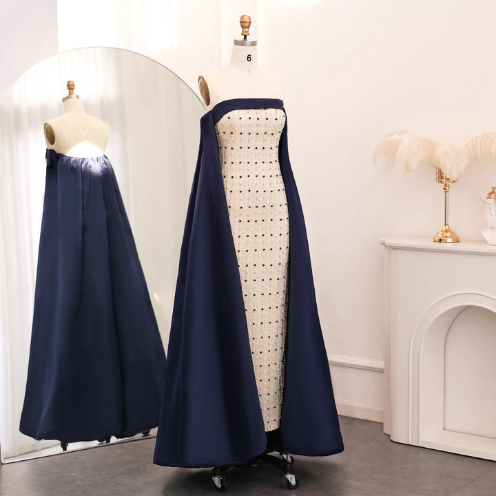 Dreamy Vow Navy Blue White Strapless Luxury Dubai Evening Dresses with Cape Midi Arabic Women Wedding Party Gowns 2024 SS422-DreamyVow