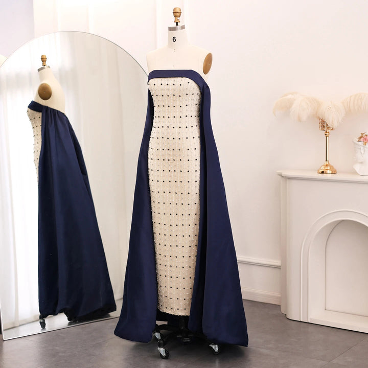 Dreamy Vow Navy Blue White Strapless Luxury Dubai Evening Dresses with Cape Midi Arabic Women Wedding Party Gowns 2024 SS422-DreamyVow