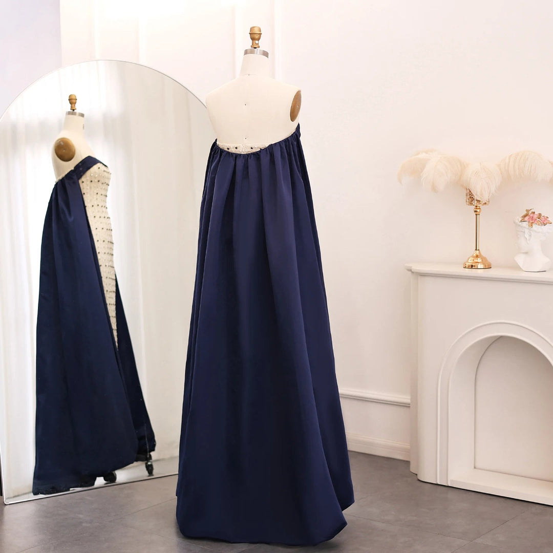 Dreamy Vow Navy Blue White Strapless Luxury Dubai Evening Dresses with Cape Midi Arabic Women Wedding Party Gowns 2024 SS422-DreamyVow