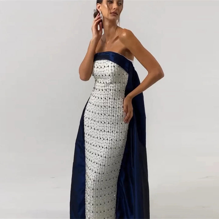 Dreamy Vow Navy Blue White Strapless Luxury Dubai Evening Dresses with Cape Midi Arabic Women Wedding Party Gowns 2024 SS422-DreamyVow