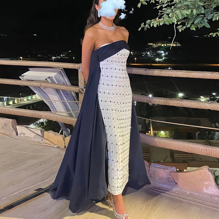 Dreamy Vow Navy Blue White Strapless Luxury Dubai Evening Dresses with Cape Midi Arabic Women Wedding Party Gowns 2024 SS422-DreamyVow