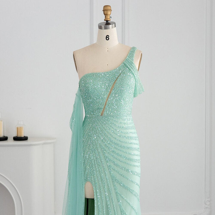 Dreamy Vow Pink One Shoulder Mermaid Evening Dresses Cape Sleeve Luxury Dubai Mint Green Formal Dress for Wedding Party 320