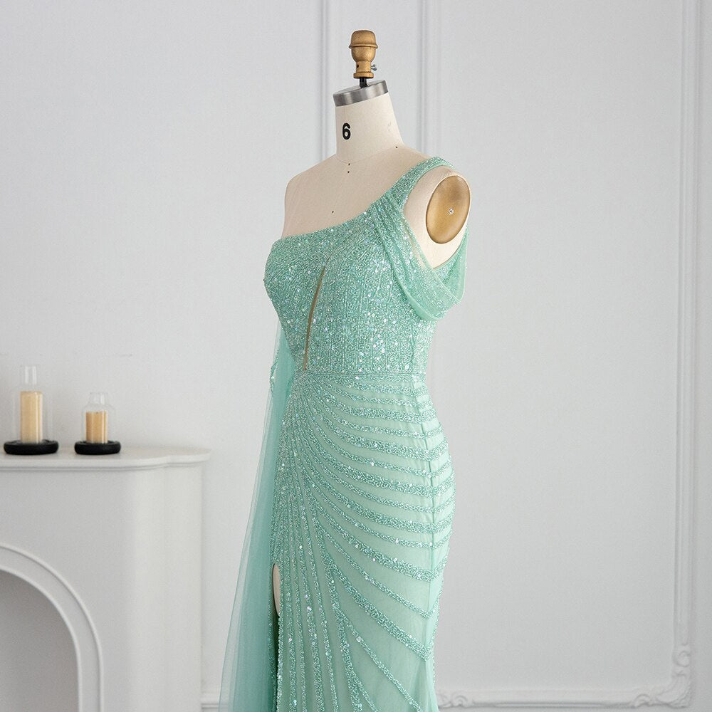 Dreamy Vow Pink One Shoulder Mermaid Evening Dresses Cape Sleeve Luxury Dubai Mint Green Formal Dress for Wedding Party 320