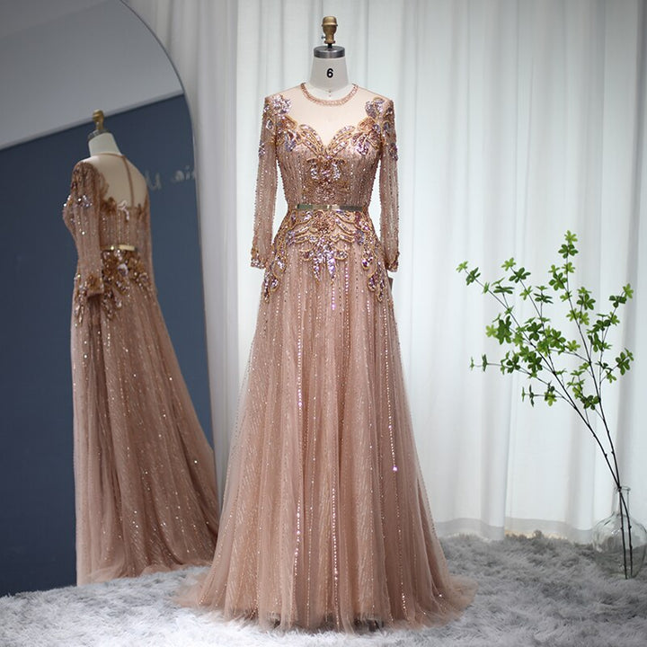 Dreamy Vow Rose Gold Luxury Dubai Evening Dresses Elegant Long Sleeve Muslim Arabic Formal Dress for Women Wedding Party 056