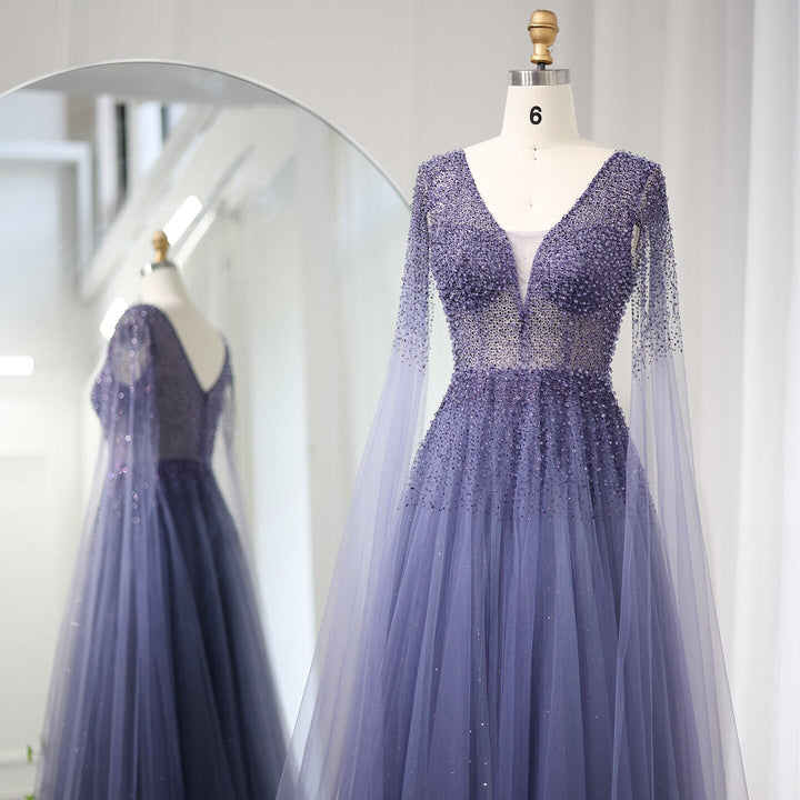 Dreamy Vow Royal Blue Luxury Dubai Evening Dress with Cape Sleeves Elegant Pink V-Neck Purple Women Wedding Party Gowns SS012-DreamyVow