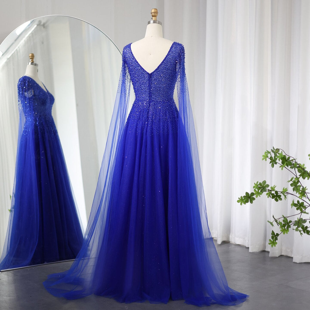 Dreamy Vow Royal Blue Luxury Dubai Evening Dress with Cape Sleeves Elegant Pink V-Neck Purple Women Wedding Party Gowns SS012-DreamyVow