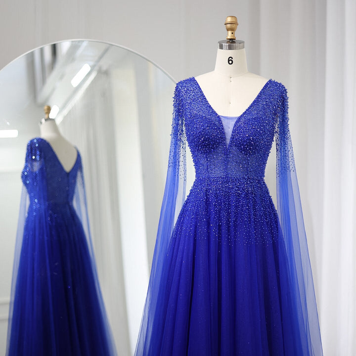 Dreamy Vow Royal Blue Luxury Dubai Evening Dress with Cape Sleeves Elegant Pink V-Neck Purple Women Wedding Party Gowns SS012-DreamyVow