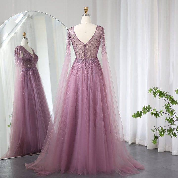 Dreamy Vow Royal Blue Luxury Dubai Evening Dress with Cape Sleeves Elegant Pink V-Neck Purple Women Wedding Party Gowns SS012-DreamyVow