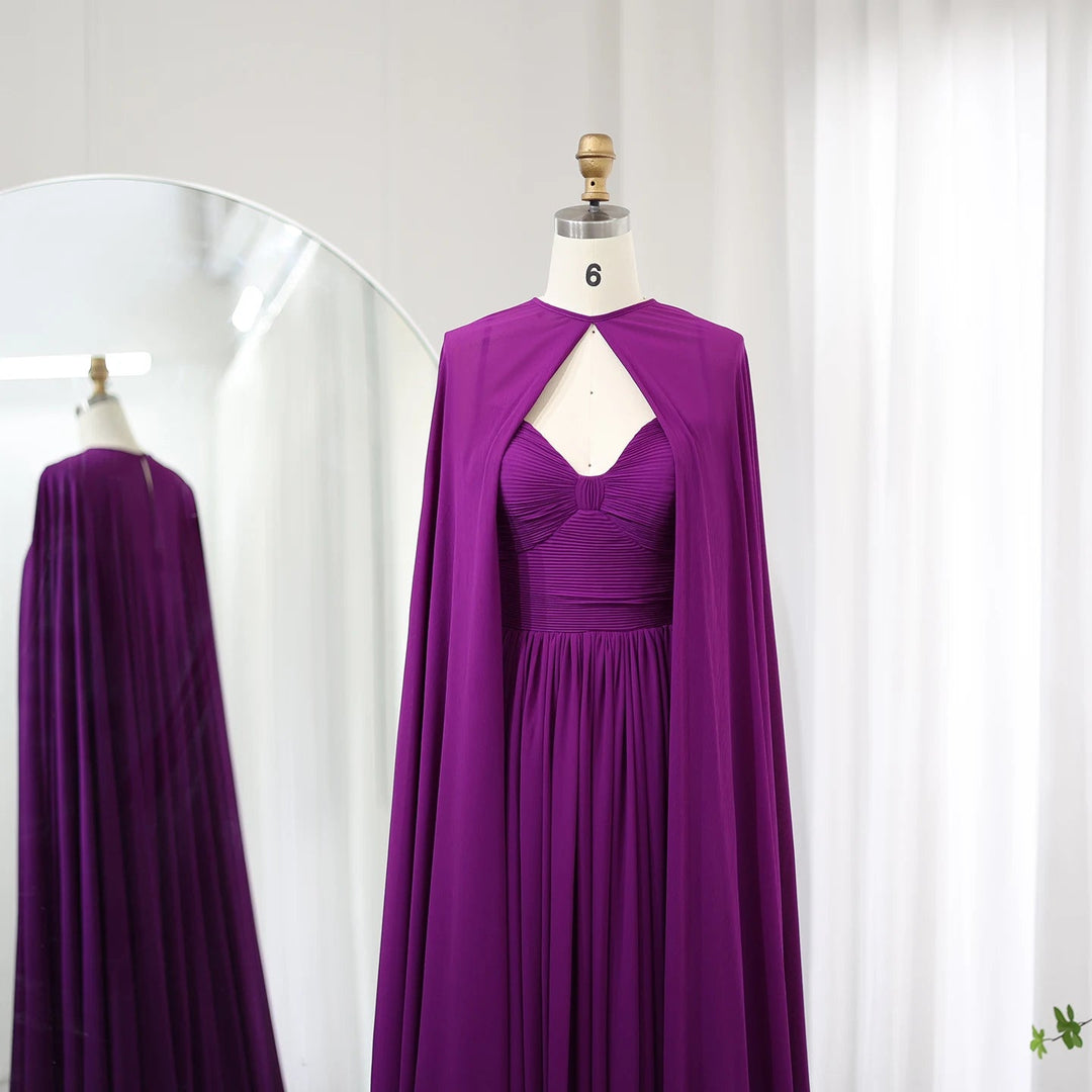 Dreamy Vow Saudi Arabia Purple Chiffon Long Evening Dress with Cape Elegant Sweetheart Green Women Wedding Party Gowns SF002-DreamyVow