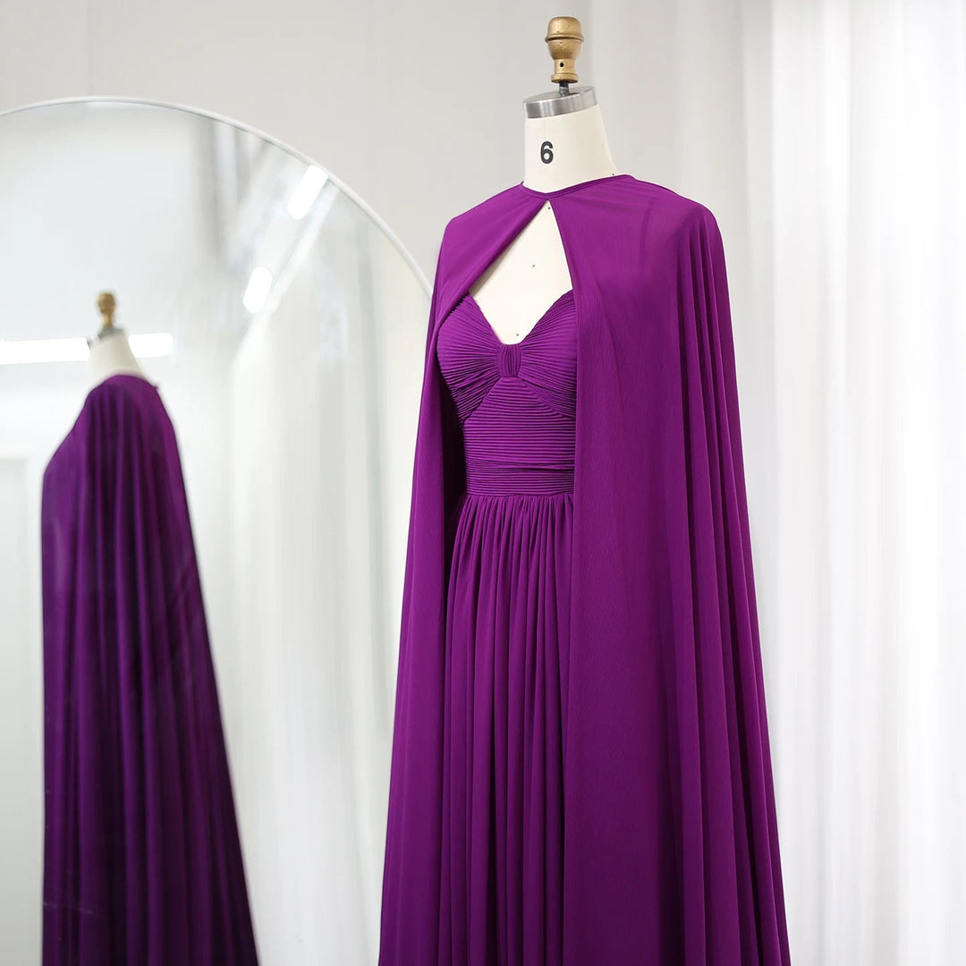 Dreamy Vow Saudi Arabia Purple Chiffon Long Evening Dress with Cape Elegant Sweetheart Green Women Wedding Party Gowns SF002-DreamyVow