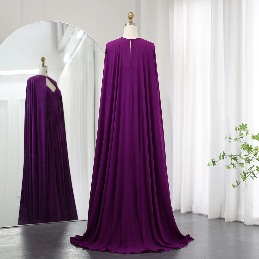 Dreamy Vow Saudi Arabia Purple Chiffon Long Evening Dress with Cape Elegant Sweetheart Green Women Wedding Party Gowns SF002-DreamyVow