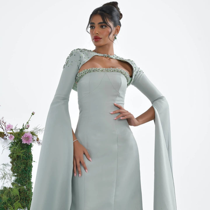 Dreamy Vow Saudi Arabia Sage Green Mermaid Evening Dress with Cape Sleeves Luxury Beaded Dubai Women Wedding Party Gowns SS424-DreamyVow