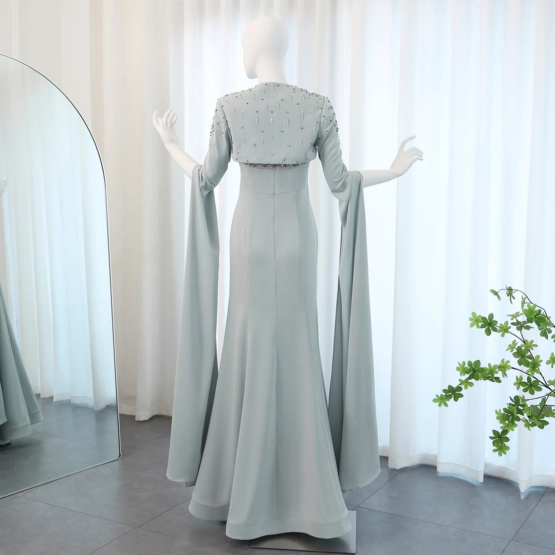 Dreamy Vow Saudi Arabia Sage Green Mermaid Evening Dress with Cape Sleeves Luxury Beaded Dubai Women Wedding Party Gowns SS424-DreamyVow