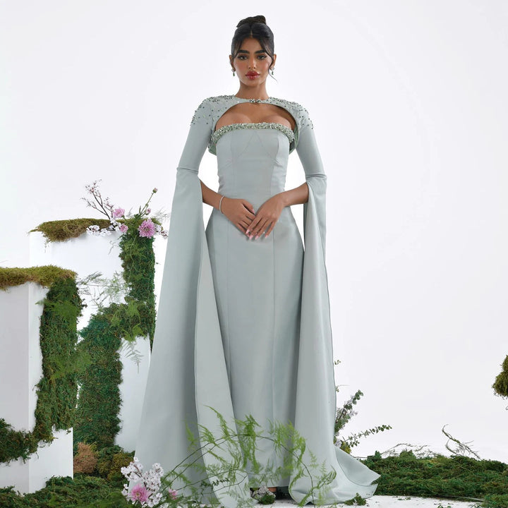 Dreamy Vow Saudi Arabia Sage Green Mermaid Evening Dress with Cape Sleeves Luxury Beaded Dubai Women Wedding Party Gowns SS424-DreamyVow