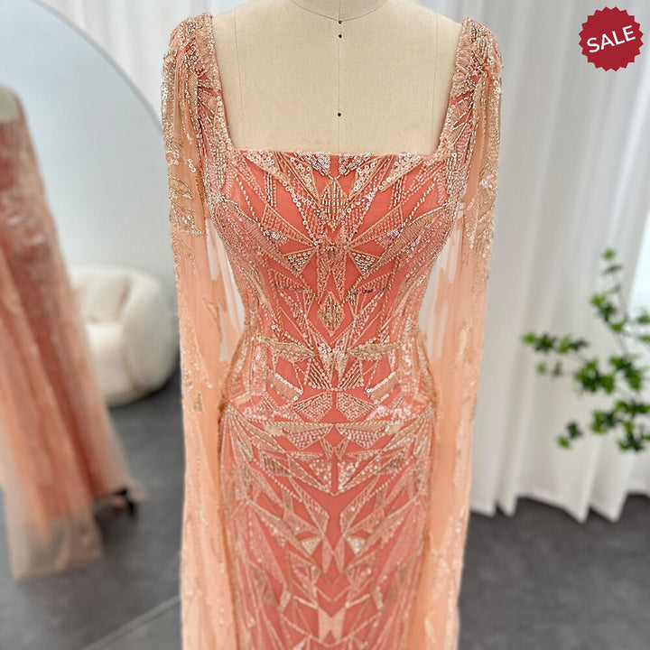 Dreamy Vow Saudi Arabic Nude Pink Luxury Dubai Evening Dresses with Cape Sleeves Square Collar Women Wedding Party Gowns 497