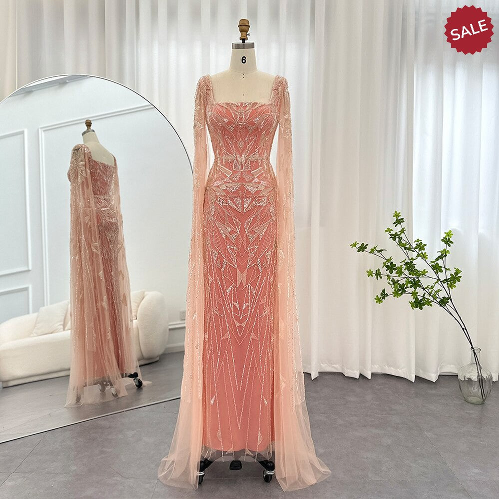 Dreamy Vow Saudi Arabic Nude Pink Luxury Dubai Evening Dresses with Cape Sleeves Square Collar Women Wedding Party Gowns 497