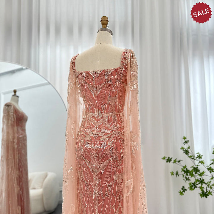 Dreamy Vow Saudi Arabic Nude Pink Luxury Dubai Evening Dresses with Cape Sleeves Square Collar Women Wedding Party Gowns 497