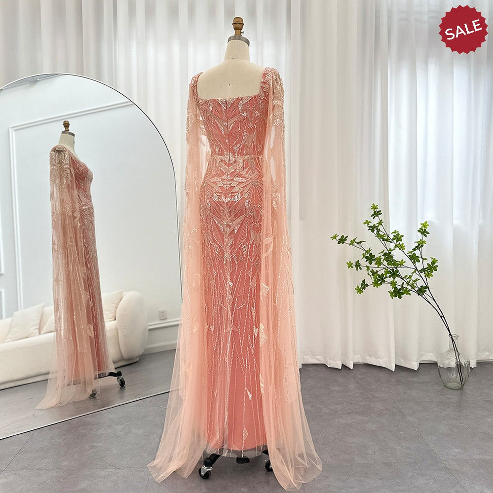 Dreamy Vow Saudi Arabic Nude Pink Luxury Dubai Evening Dresses with Cape Sleeves Square Collar Women Wedding Party Gowns 497