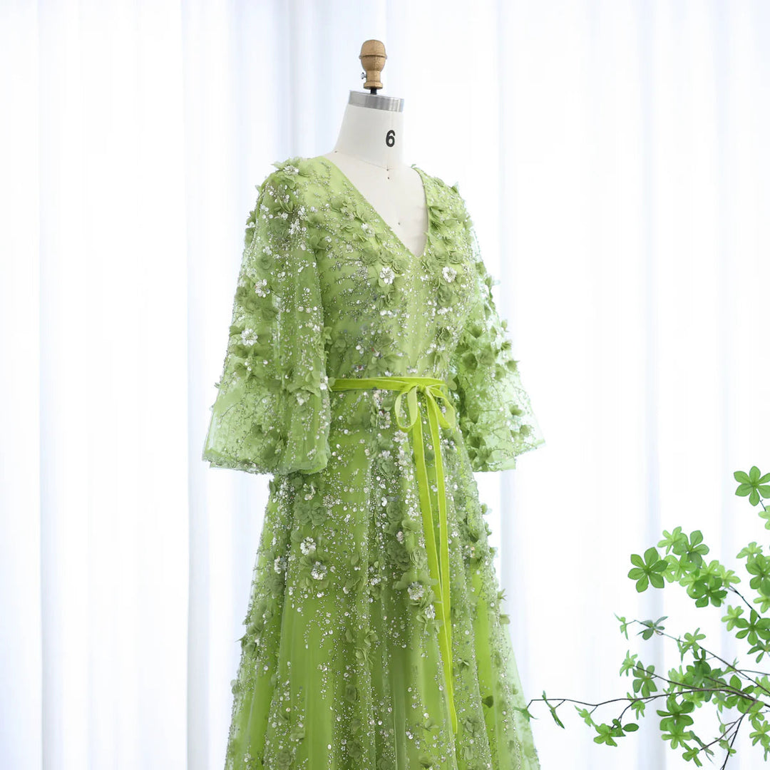 Dreamy Vow Sexy Plunging V-neck Green 3D Embroidered Flowers Evening Dress for Women Wedding Party Gowns SS354-DreamyVow