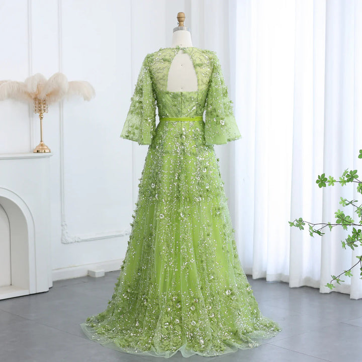 Dreamy Vow Sexy Plunging V-neck Green 3D Embroidered Flowers Evening Dress for Women Wedding Party Gowns SS354-DreamyVow