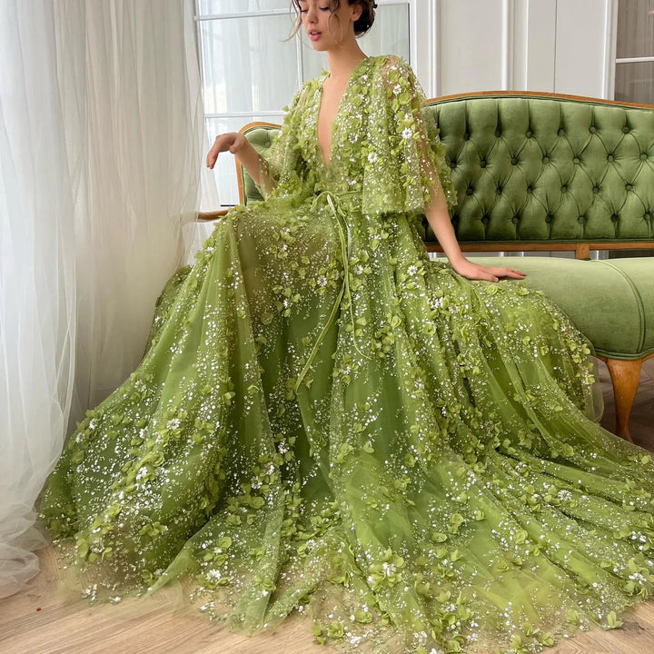 Dreamy Vow Sexy Plunging V-neck Green 3D Embroidered Flowers Evening Dress for Women Wedding Party Gowns SS354-DreamyVow