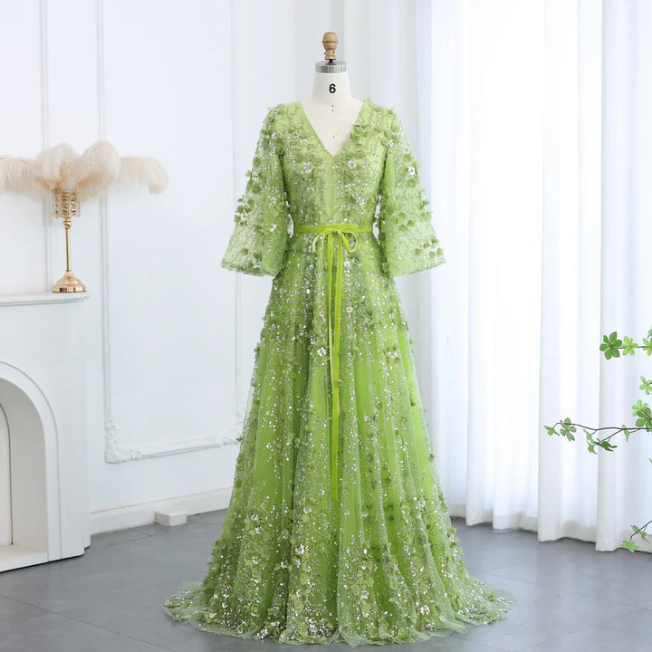 Dreamy Vow Sexy Plunging V-neck Green 3D Embroidered Flowers Evening Dress for Women Wedding Party Gowns SS354-DreamyVow