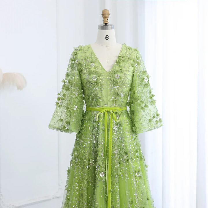 Dreamy Vow Sexy Plunging V-neck Green 3D Embroidered Flowers Evening Dress for Women Wedding Party Gowns SS354-DreamyVow