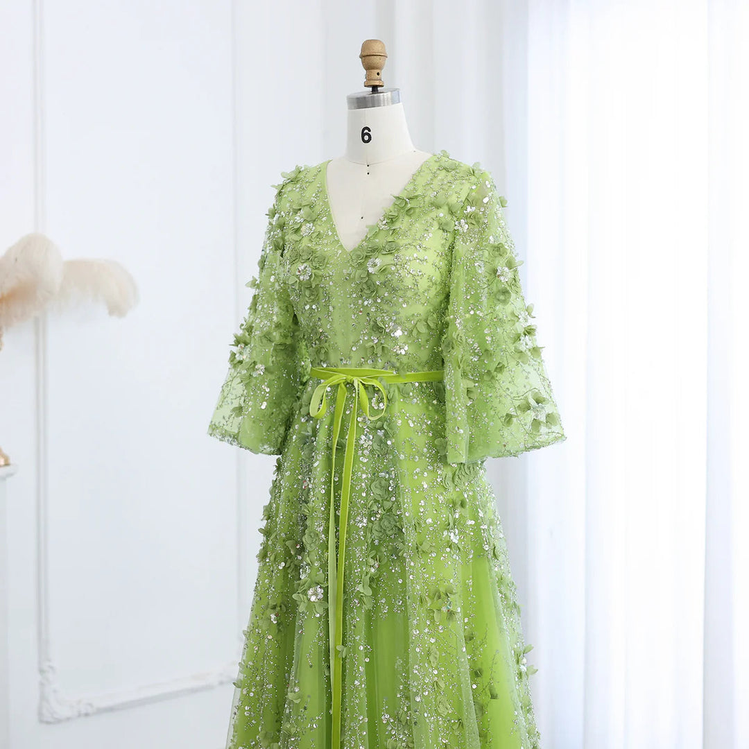 Dreamy Vow Sexy Plunging V-neck Green 3D Embroidered Flowers Evening Dress for Women Wedding Party Gowns SS354-DreamyVow