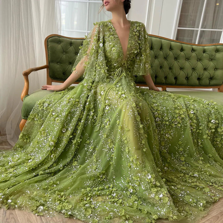 Dreamy Vow Sexy Plunging V-neck Green 3D Embroidered Flowers Evening Dress for Women Wedding Party Gowns SS354-DreamyVow