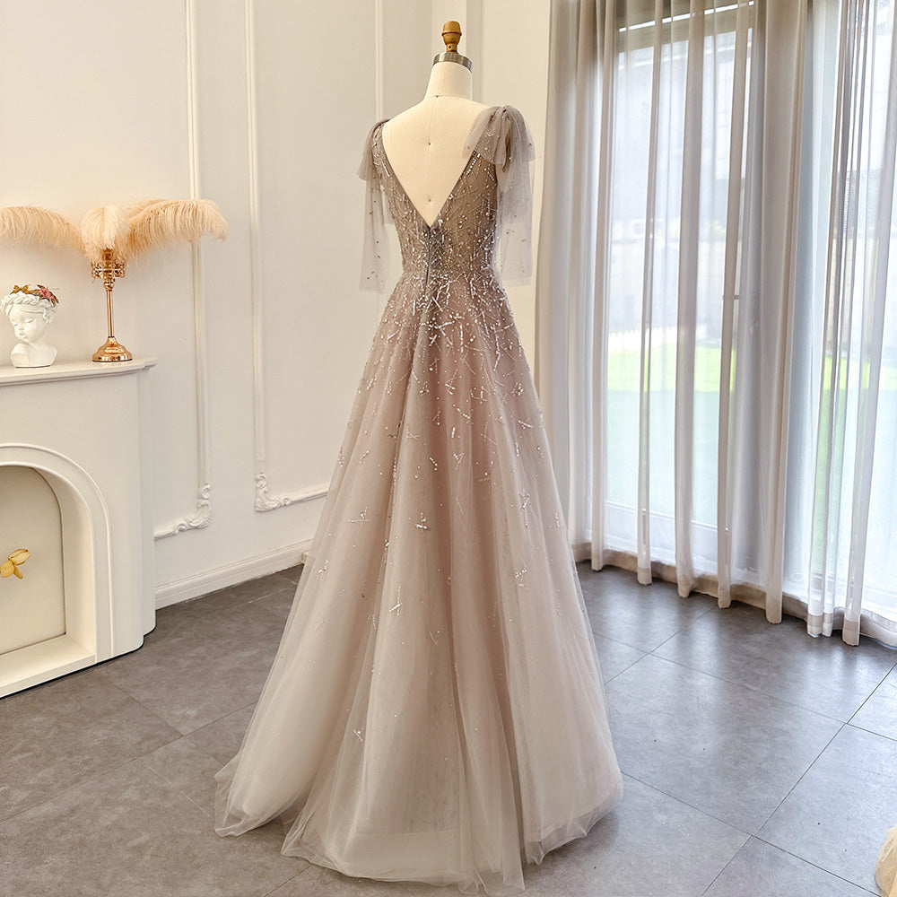 Dreamy Vow Sexy V-Neck Luxury Dubai Silver Gray Evening Dress for Women Wedding Party Elegant Long Formal Prom Dresses SS097-DreamyVow