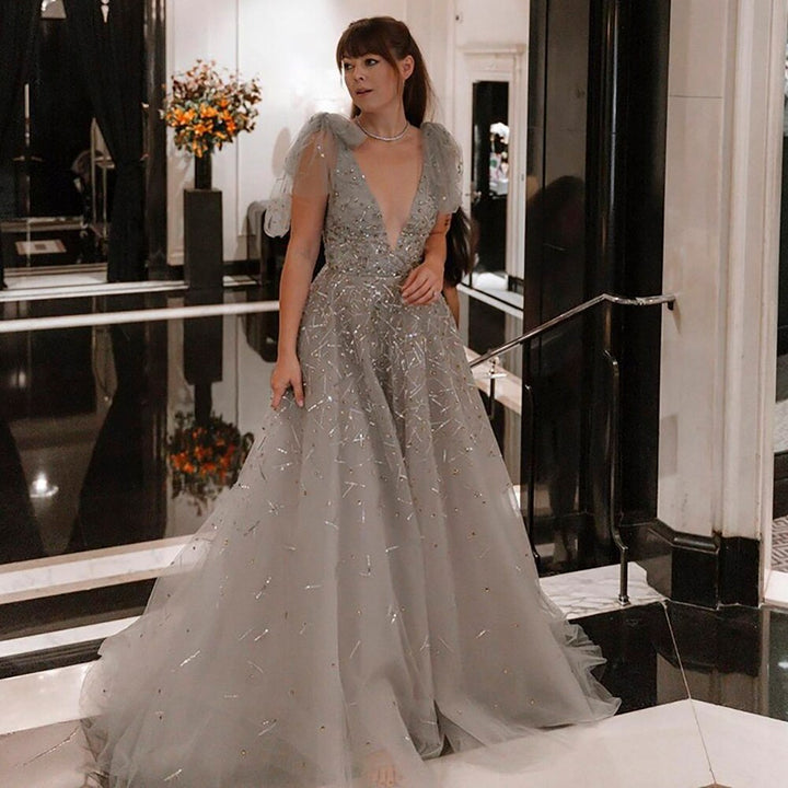 Dreamy Vow Sexy V-Neck Luxury Dubai Silver Gray Evening Dress for Women Wedding Party Elegant Long Formal Prom Dresses SS097-DreamyVow