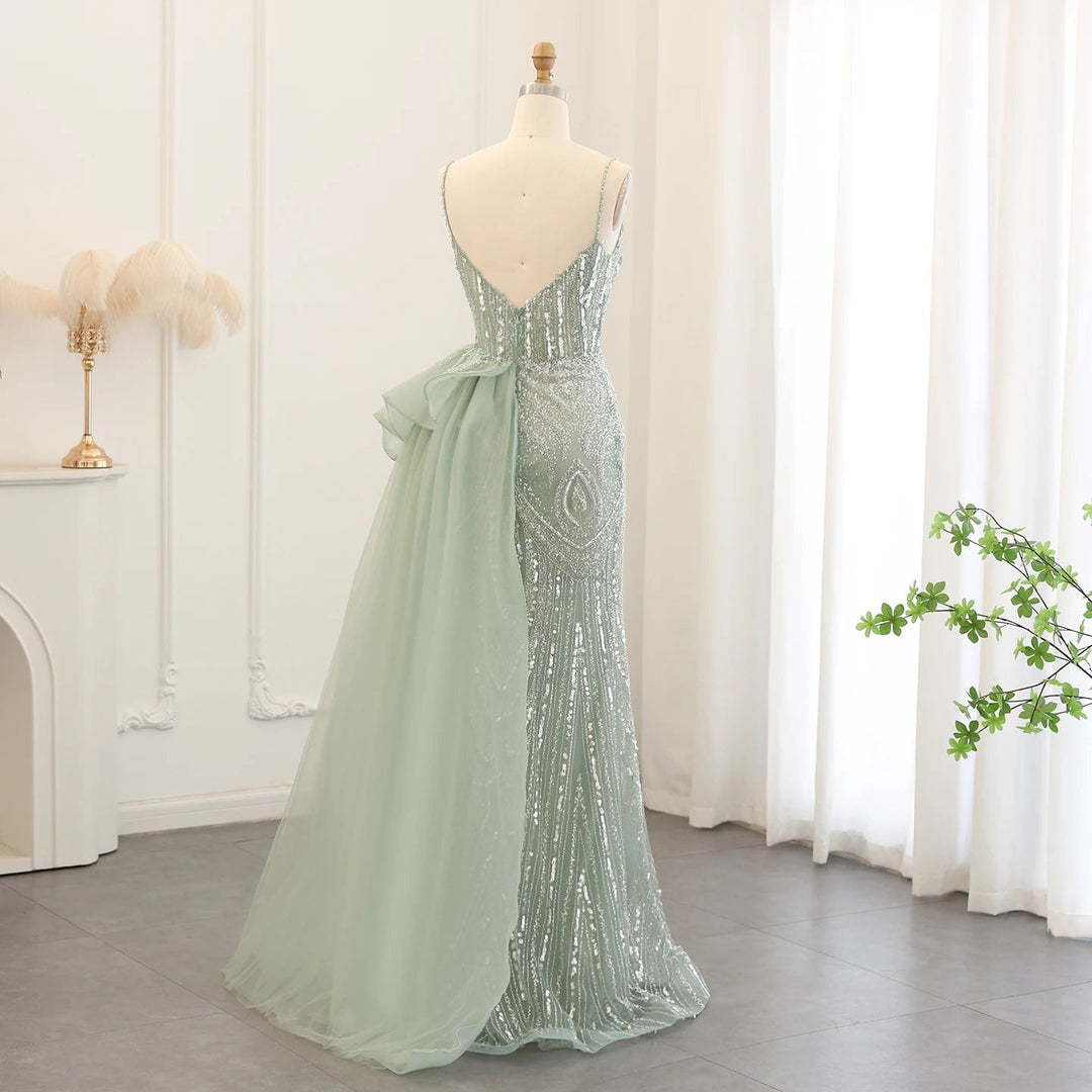 Dreamy Vow Spaghetti Straps Sage Green Mermaid Evening Dress with Overskirt Side Slit Blue Dubai Women Wedding Party Gown SS216-DreamyVow