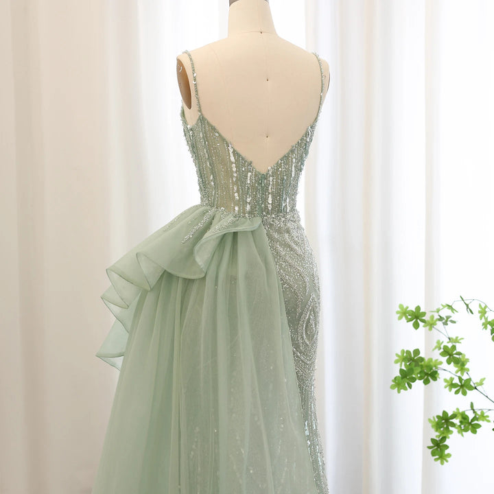 Dreamy Vow Spaghetti Straps Sage Green Mermaid Evening Dress with Overskirt Side Slit Blue Dubai Women Wedding Party Gown SS216-DreamyVow