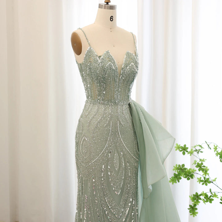 Dreamy Vow Spaghetti Straps Sage Green Mermaid Evening Dress with Overskirt Side Slit Blue Dubai Women Wedding Party Gown SS216-DreamyVow